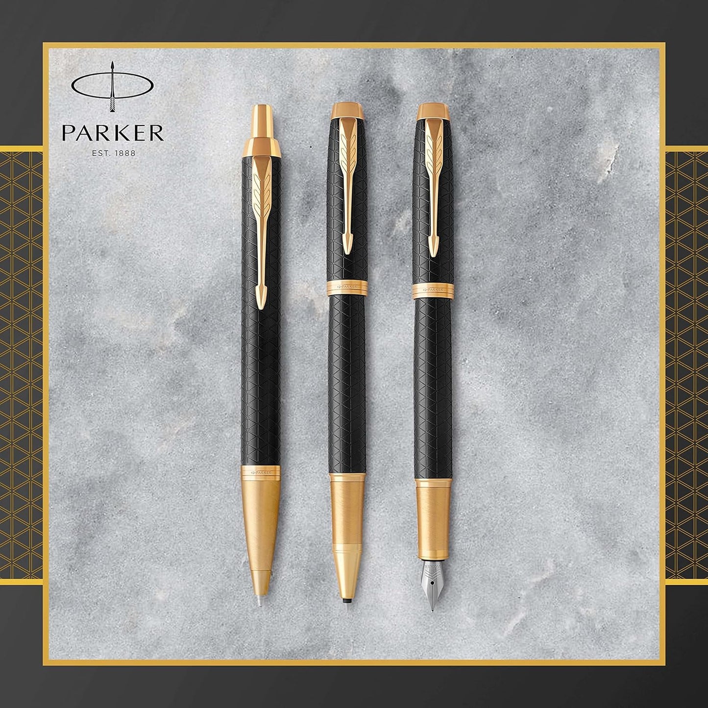 PARKER IM Fountain Pen, Premium Black, Medium Nib with Blue Ink Refill (1931653)