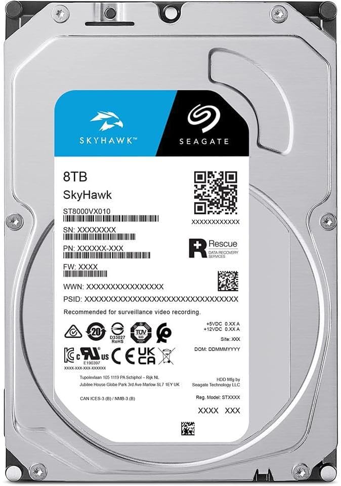 Seagate Skyhawk 8 TB, Video Internal Hard HDD – 3.5", SATA 6Gb/s, 256MB Cache, for DVR NVR Security Camera System, with in-house Rescue Services, FFP (ST8000VXZ10