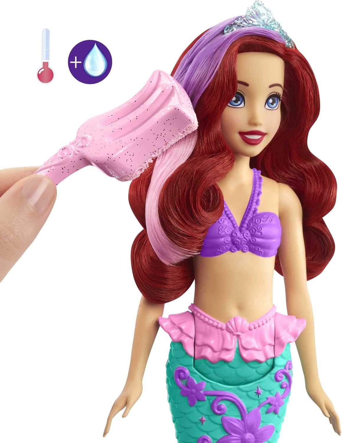 Mattel Disney Princess Toys, Ariel Mermaid Doll with Color-Change Hair and Tail, Color Splash Water Toy Inspired by the Disney Movie, HLW00