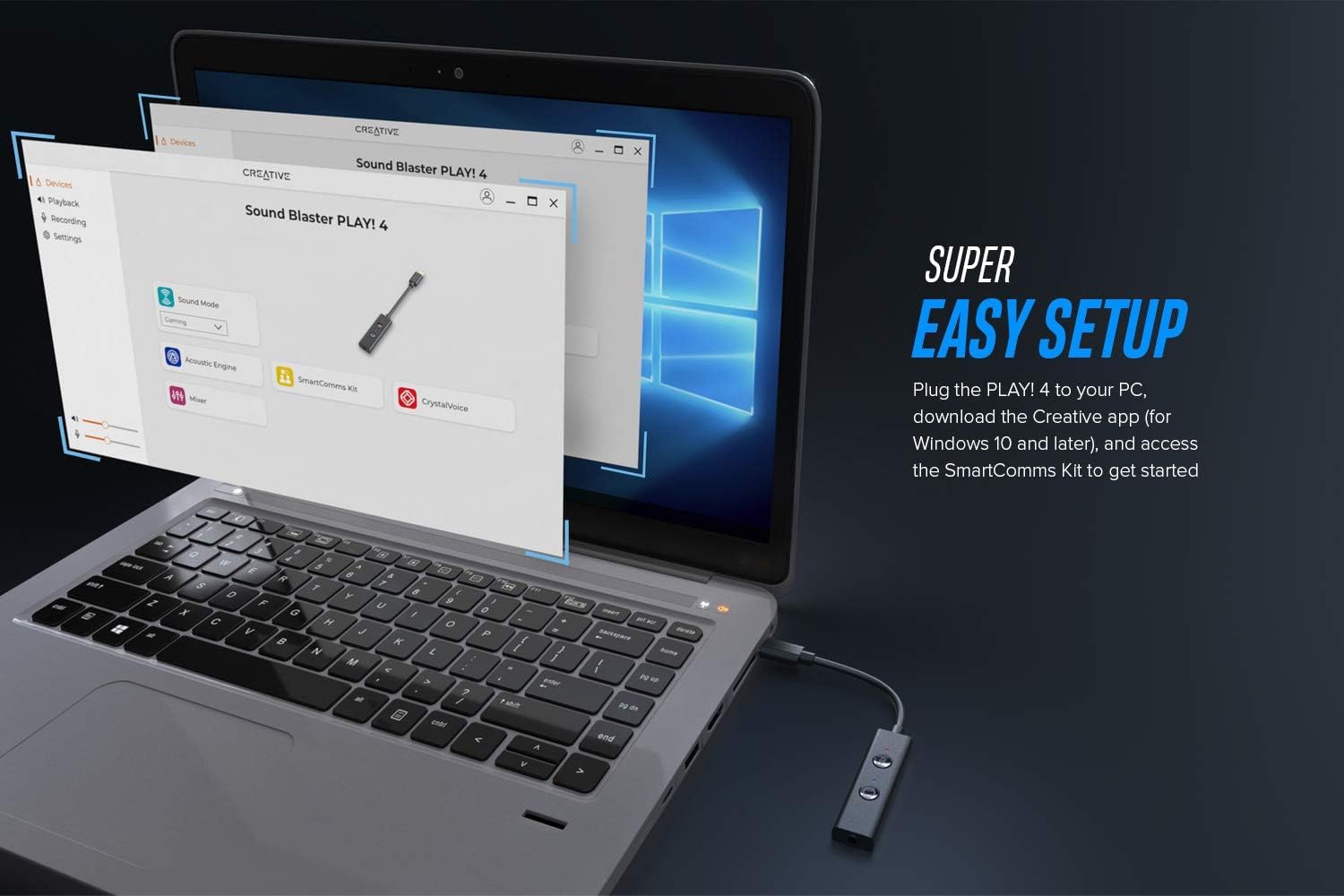 Creative Sound Blaster PLAY! 4 Hi-res externe USB-C DAC-adapter met hoge resolutie met VoiceDetect automatisch inschakelen/uitschakelen van de microfoon, ruisonderdrukking, Bass Boost/Dynamic EQ