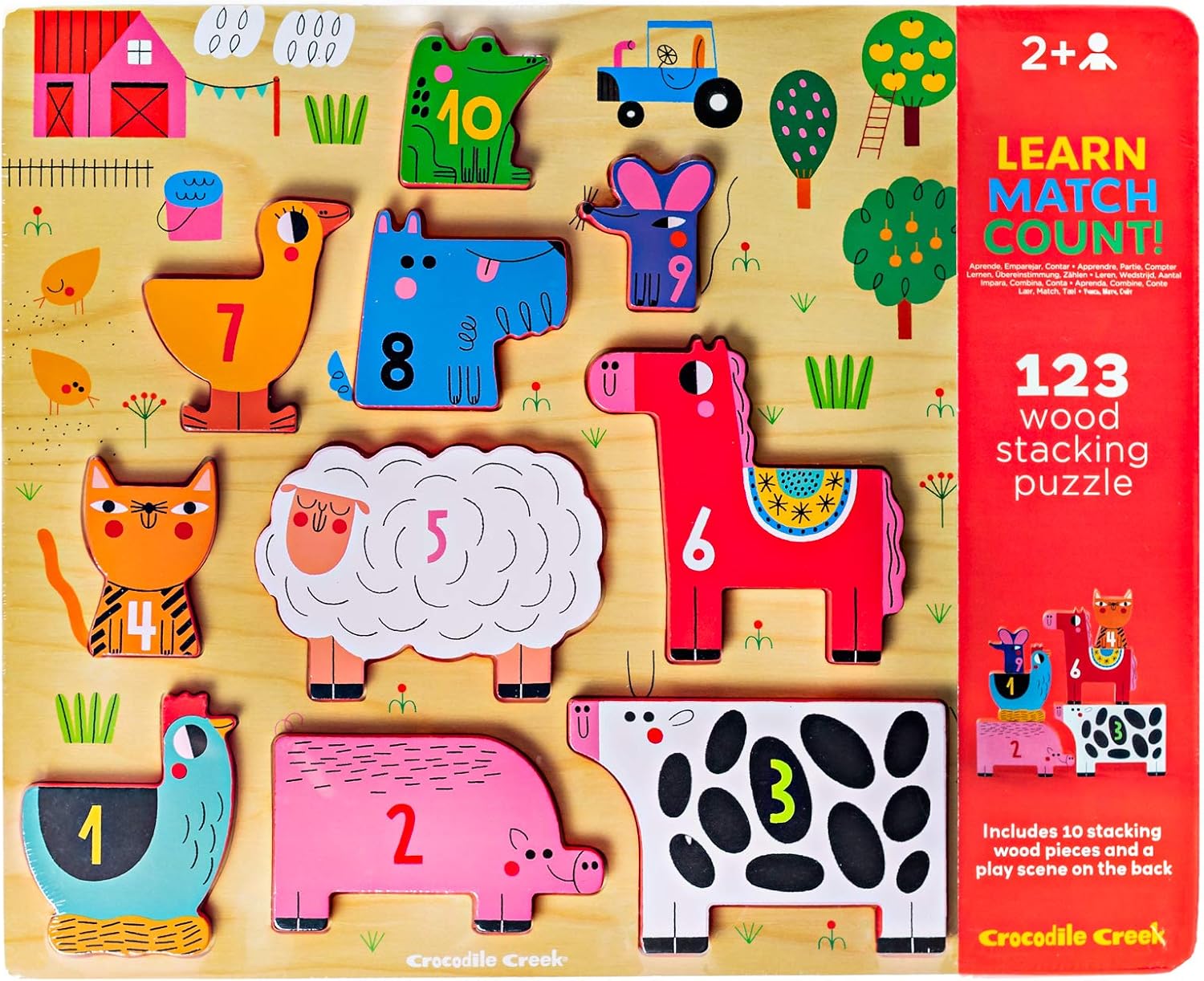 Crocodile Creek 31002 10 pcs Stacking Wood Puzzle/123 Barnyard Puzzles, Multicoloured, único