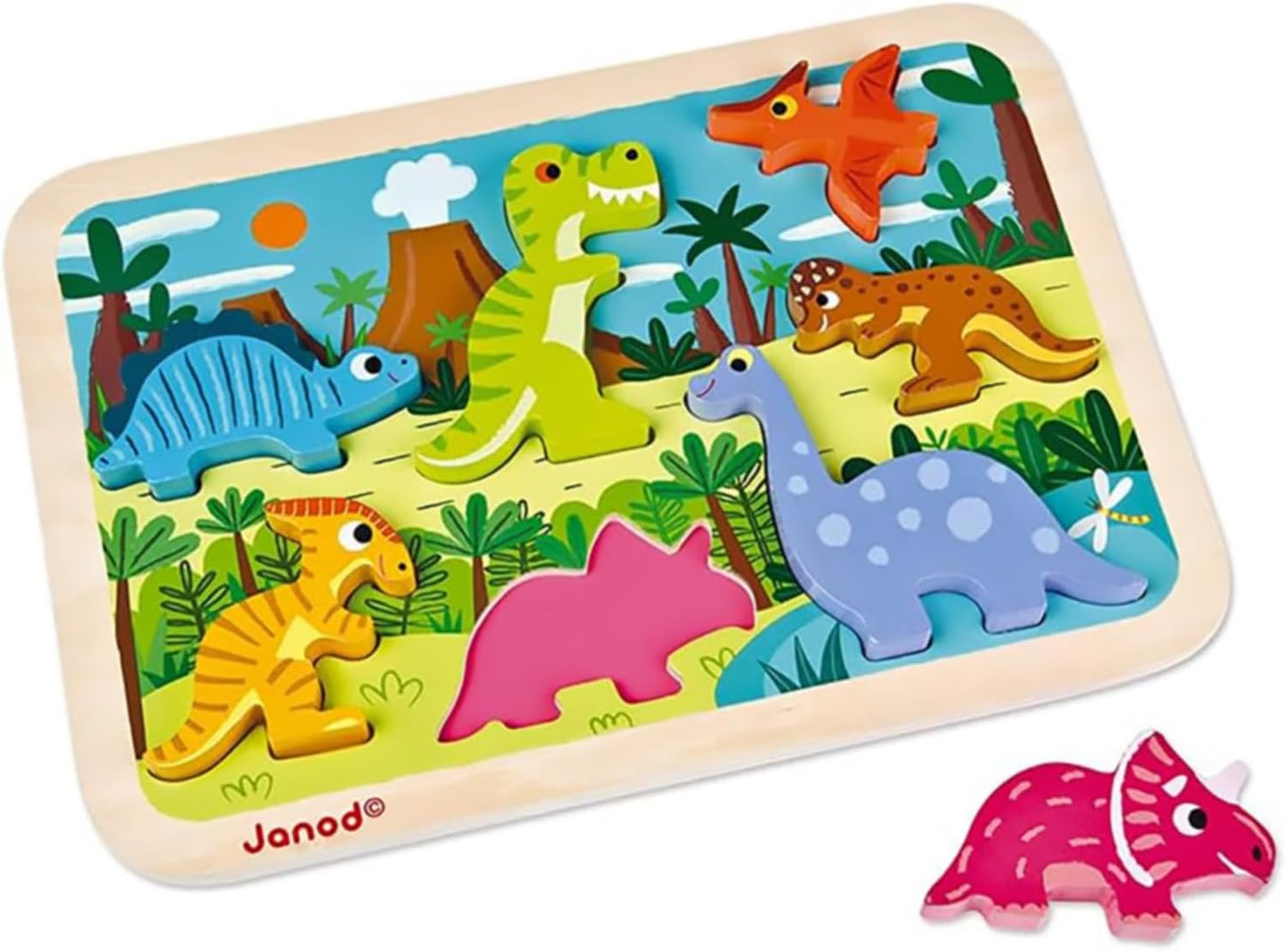 Janod - Chunky Wooden Dinosaurs Puzzle - 7 Pieces - Fine Motor Skills Development and Concentration - From 18 Months, J07054