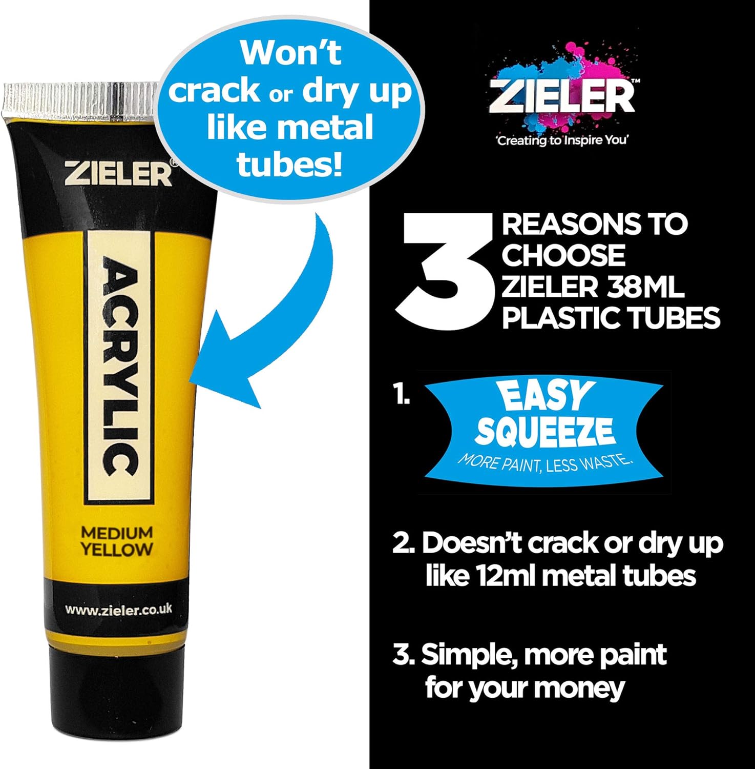 Zieler Premium Acrylic Paint Set (10 Tubes – 38ml - Essential Colours) Ideal for Paper, Canvas, Wood, Ceramic, Fabric & Crafts. Vibrant Colours & Rich Pigments 10 x 38ml Tubes