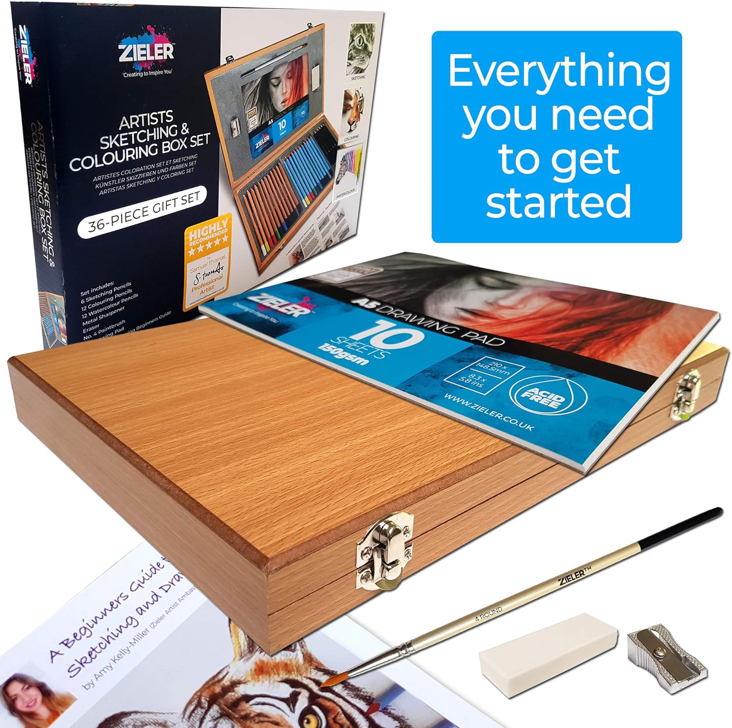 Künstlerstift Holzkistenset von Zieler® - 12 Aquarellstifte, 12 Buntstifte & 6 Skizzier- / Graphitstifte, Metallspitzer, Radiergummi & Zeichenblock (inkl. Starthilfe) - 36-teiliges Set