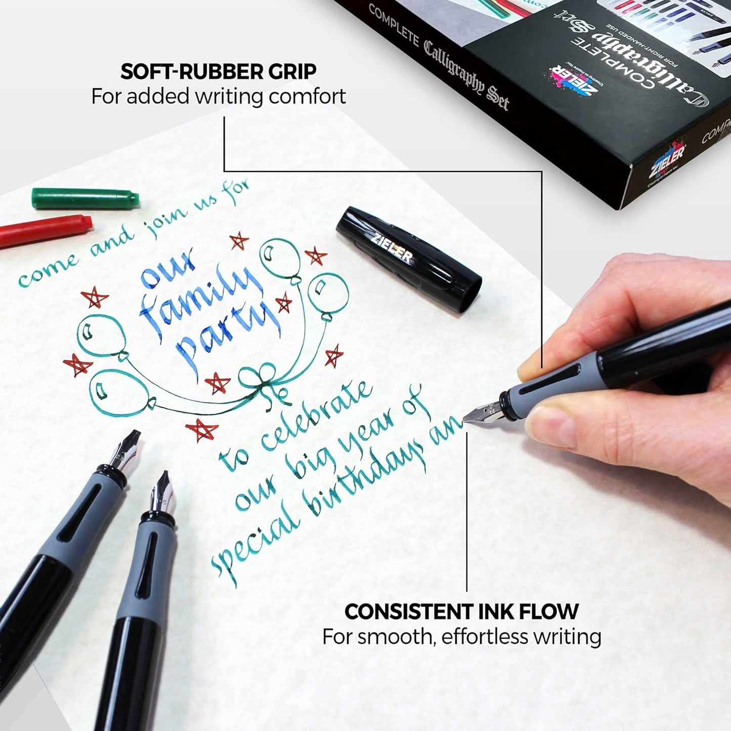 Zieler Calligraphy Pen Set - Complete 3 Pen 17-piece Calligraphy Writing Set Free-flowing pens with soft rubber finger grip ● Suitable for all levels