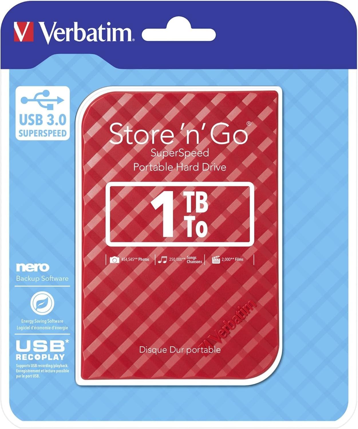 Verbatim HDD 2.5 "1TB USB 3.0 SuperSpeed Red, GEN2, Green Button, Store 'n' Go External Hard Drive