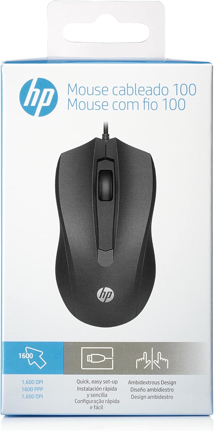 HP 100 Mouse Cablato, 1.600 DPI, destrorso, 3 pulsanti, rotella di corrimento, nero