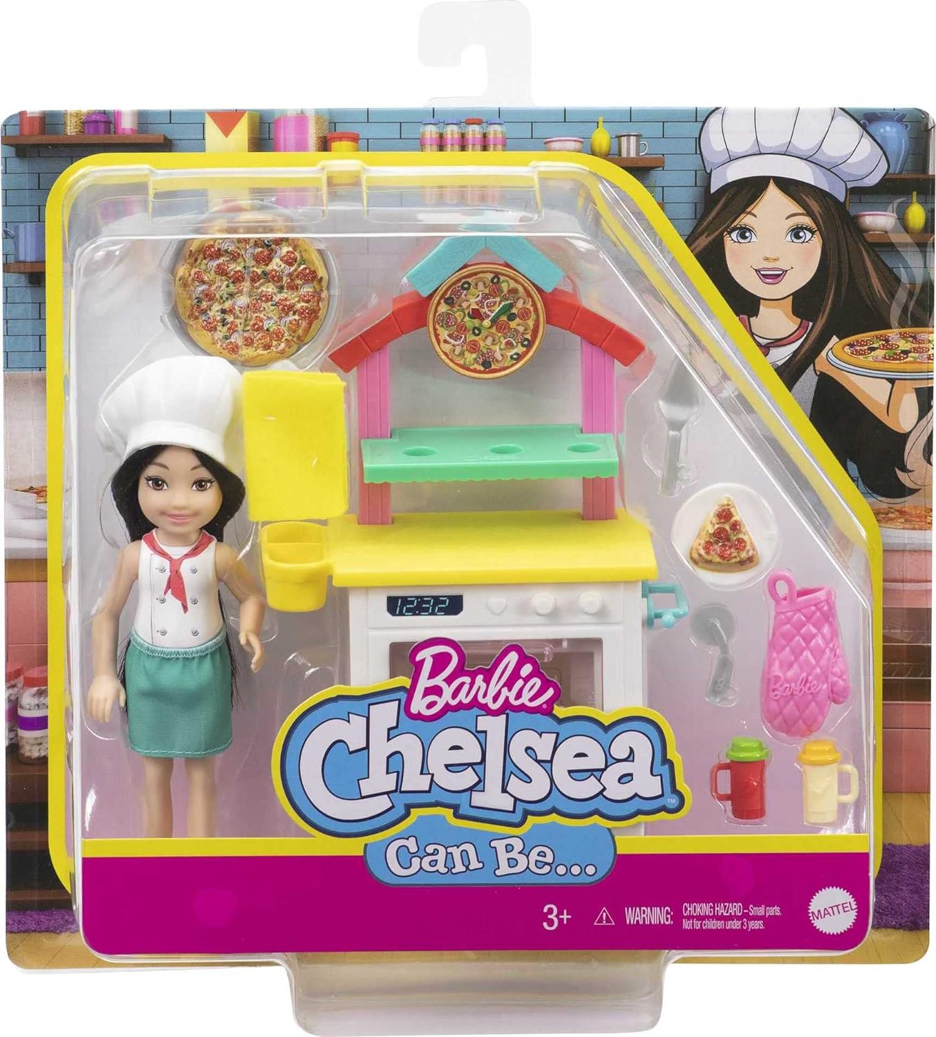 Barbie GTN63 Chelsea Can Be Pizza Chef Playset with Brunette Chelsea Doll (6-in/15.24-cm), Pizza Oven, 2 Spice Shakers, Pizza Pan & More, Great Gift for Ages 3 Years Old & Up