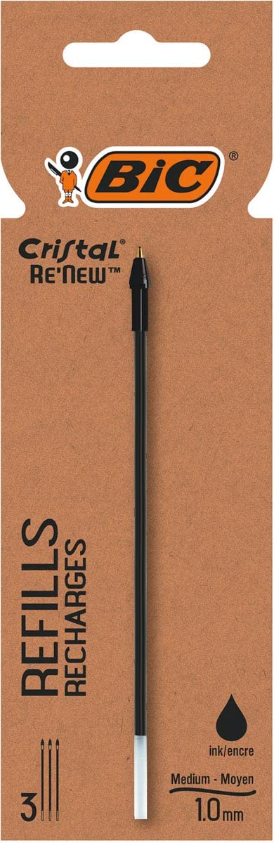 ReNew BIC Cristal Ballpoint Pen Refills Medium Point Black Ink Pack of 3