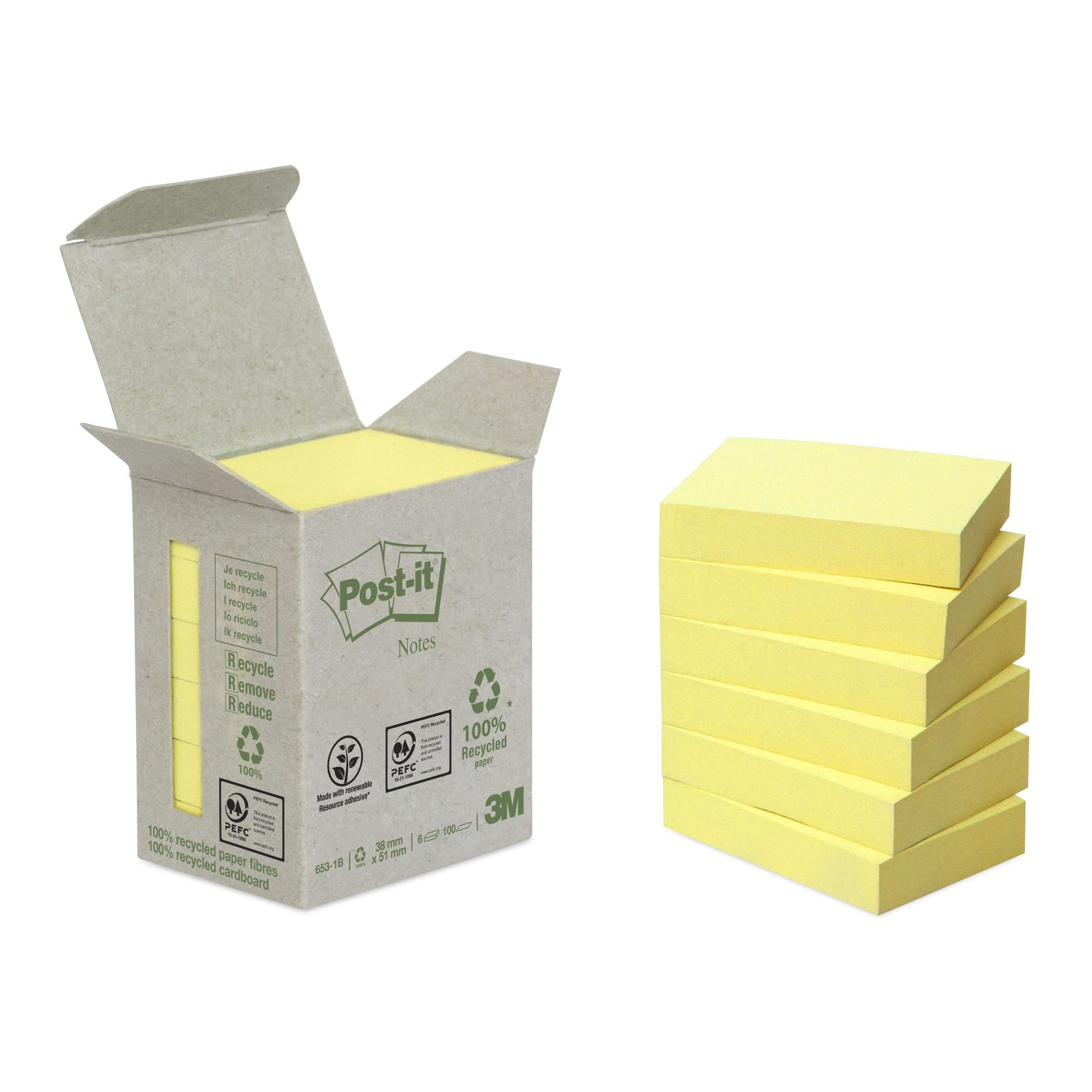 Post-it Recycling Notes Canary Yellow, Pack of 6 Pads, 100 Sheets per Pad, 38 mm x 51 mm, Yellow Color - Self-Stick Notes Made from 100% Recycled Paper Standard Yellow