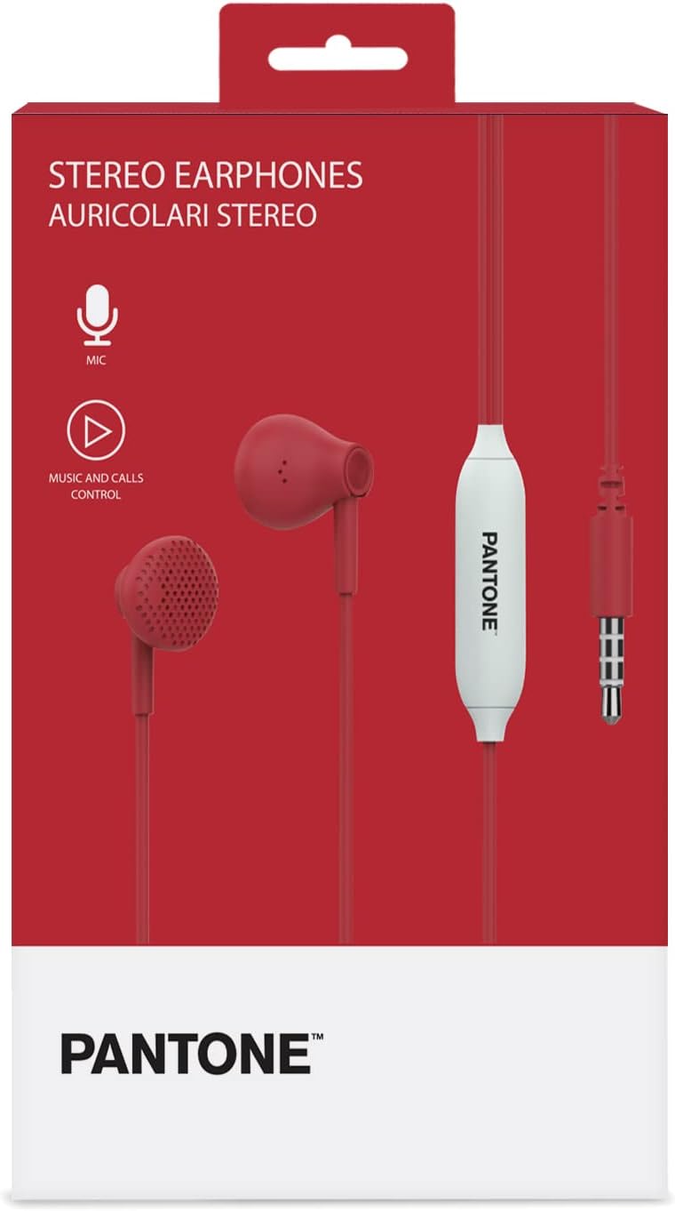 Pantone Celly, Line in-Ear Headphones with Drop Capsules, Remote Control and Built-in Microphone, Cable Length 1m, 3.5mm Jack Connector, Red