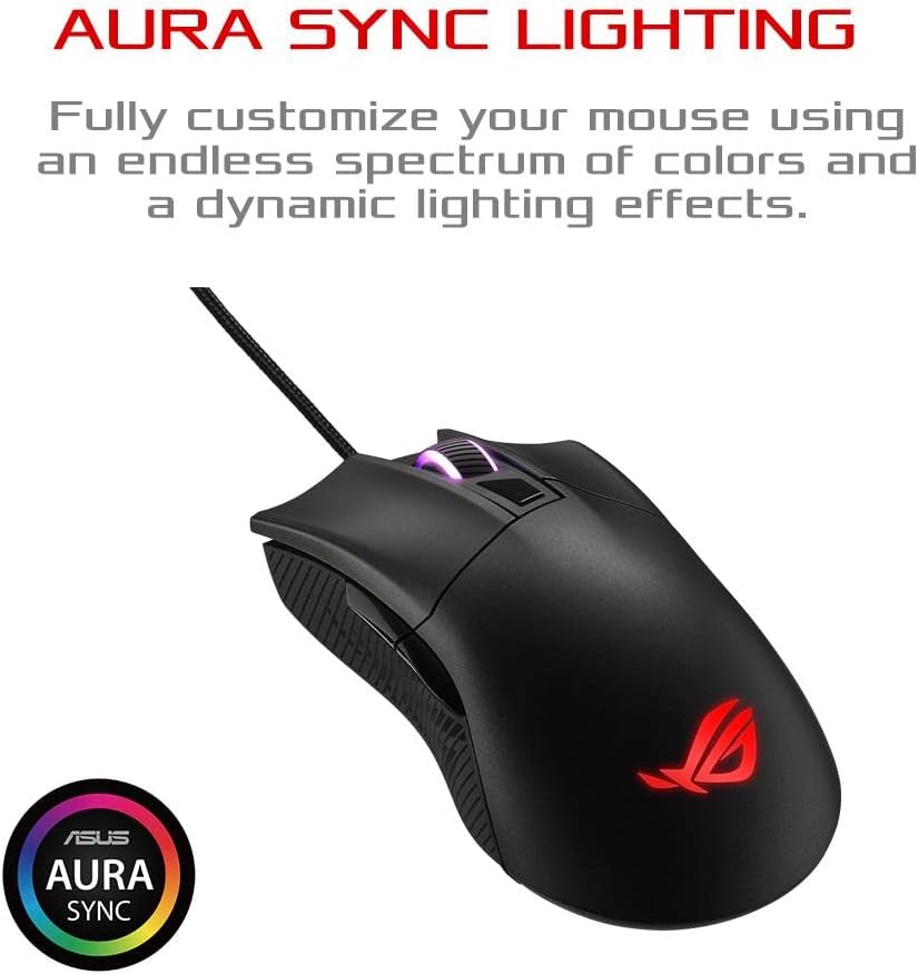 ASUS ROG Gladius II Core Lightweight, Ergonomic, Wired Optical Gaming Mouse with 6200-DPI Sensor, ROG-Exclusive Switch-Socket Design and Aura Sync Lighting