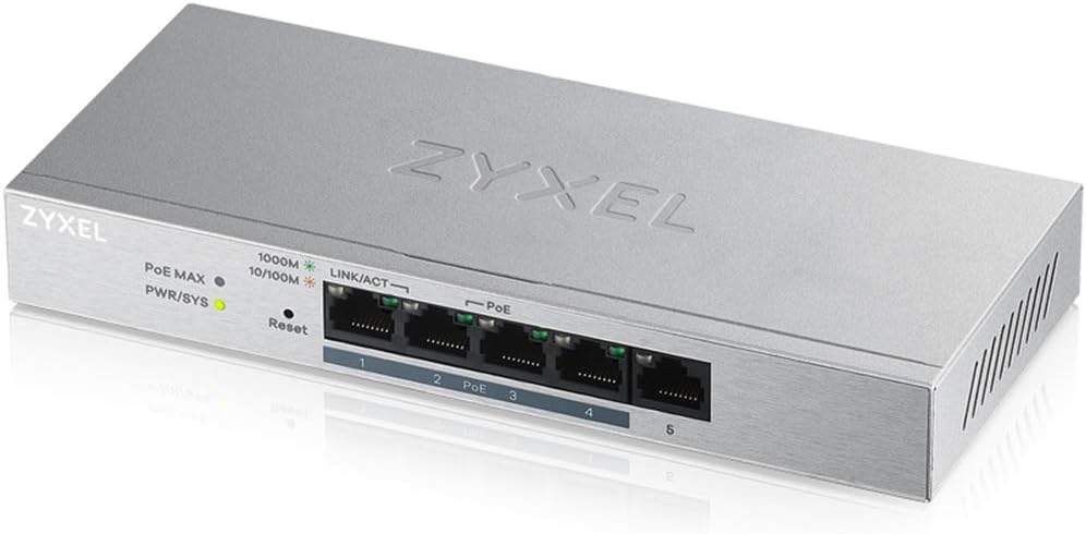Zyxel 5-Port Gigabit Web / Smart Managed PoE+ Switch mit einem Budget von 60 Watt, Lifetime Garantie 5-Port PoE+ (60W