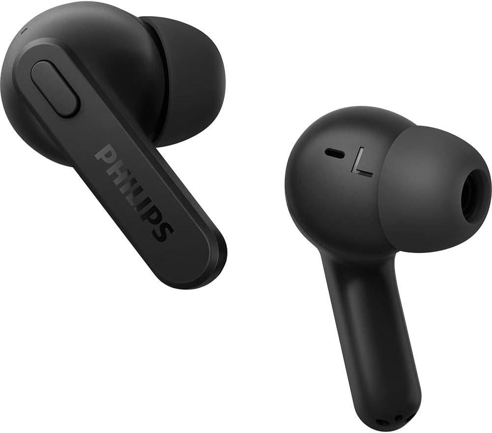 PHILIPS Earbuds, Splash and Sweat Resistant, Bluetooth, Up to 18 Hours Play Time, Soft silicone Ear-Tip Covers in 3 Sizes, Built In Mic, Classic Design and Comfortable Fit TAT2206BK/00