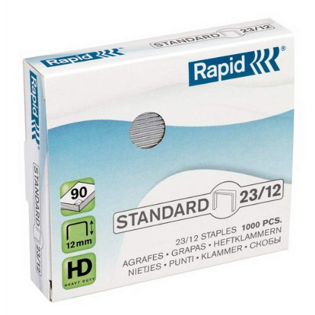 Rapid 23/12mm Standard Staples, For Stapling 60-90 Sheets, Use with Heavy Duty Staplers, Galvanised Wire, Box of 1000, 24869400