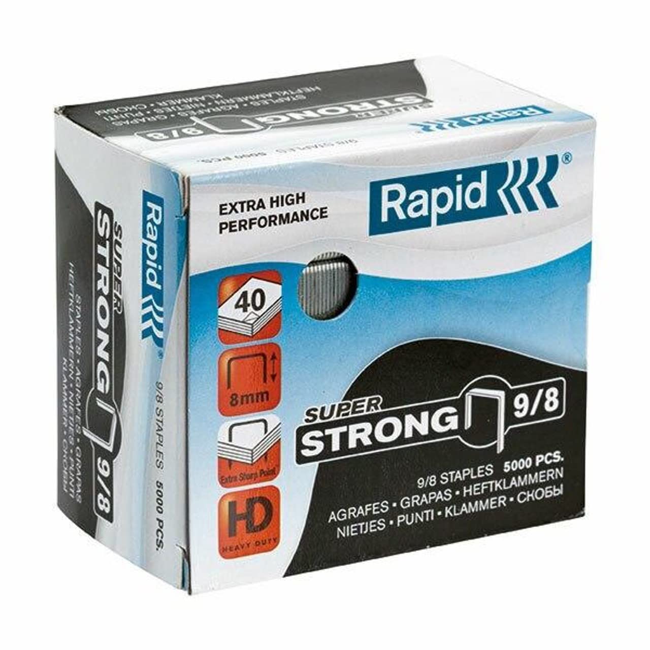 Rapid 9/8mm Super Strong Staples, For Stapling 10-40 Sheets, Use with Heavy Duty Staplers, Galvanised Wire, Box of 5000, 24871000