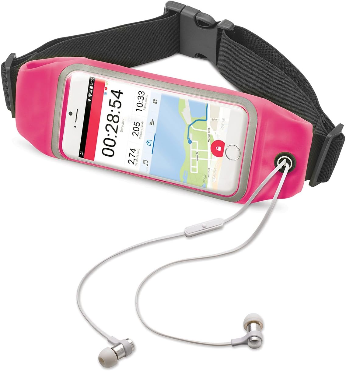 Celly RunBeltView Elastic Running Belt with Earphones and Transparent Touch Pocket for Smartphone Up to 4.7" - Pink