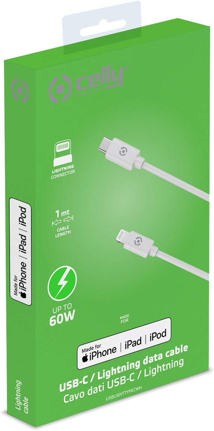 Celly USBLIGHTTYPECWH - PVC Lightning Cable to charge and sync your device through the Type-C port on your computer or charger.