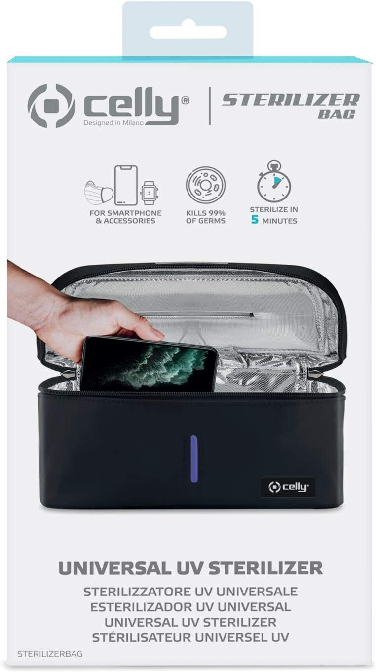 Celly Universal UV Rays Portable Sterilizer Machine (Certifications), UV-C Disinfectant Bag for Smartphones and Accessories, Tablets up to 8", Watches, Masks, Gloves