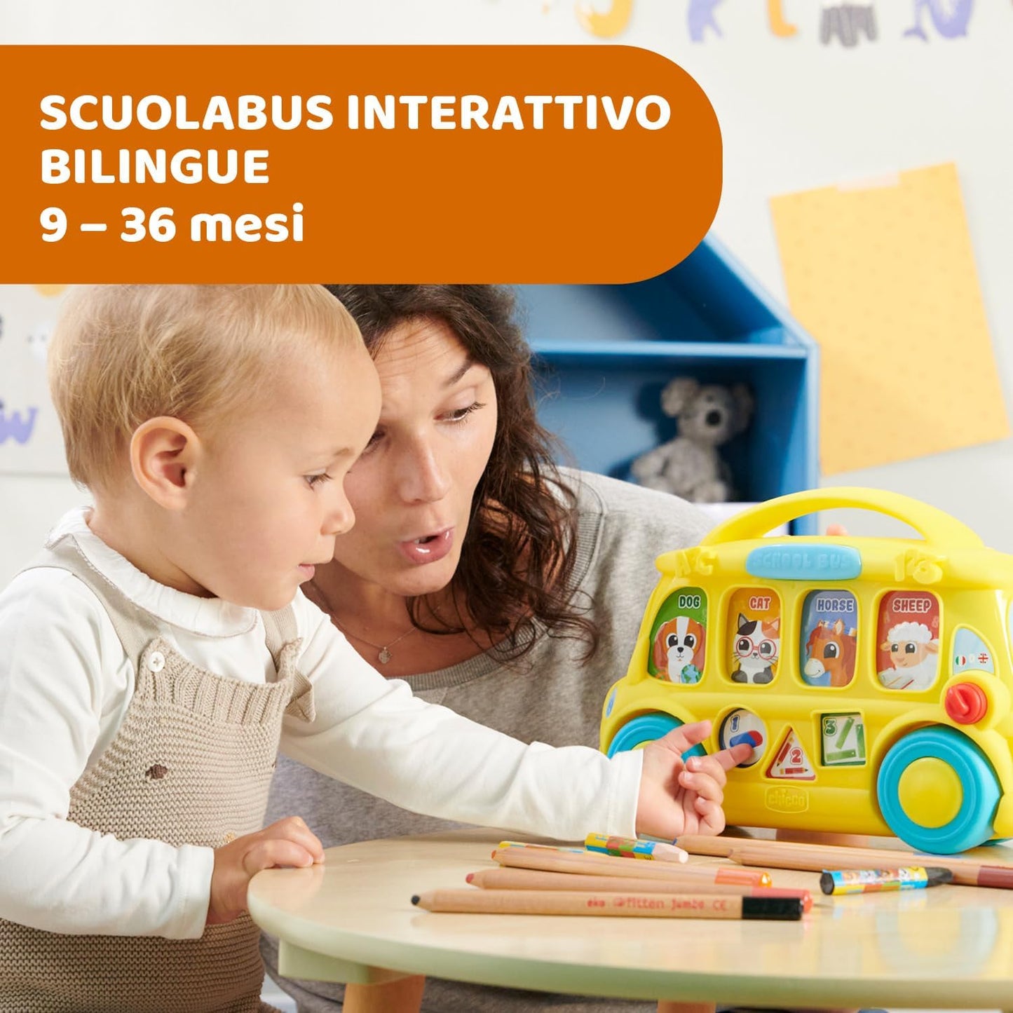 Chicco 00011297000680 ABC Talking School Bus, Cute Bilingual Interactive Toy Italian/English, Learn Animals and Nursery Rhymes, Educational Games 9-36 Months