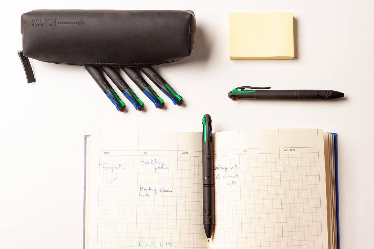 OSAMA, 4 Multi - Set of 4 Black Pens - 6 Pieces + Small Case Included - Multicolour Ballpoint Pen - 1 mm with Ink Black, Blue, Red and Green - Coloured Pens for Stationery and Stationery