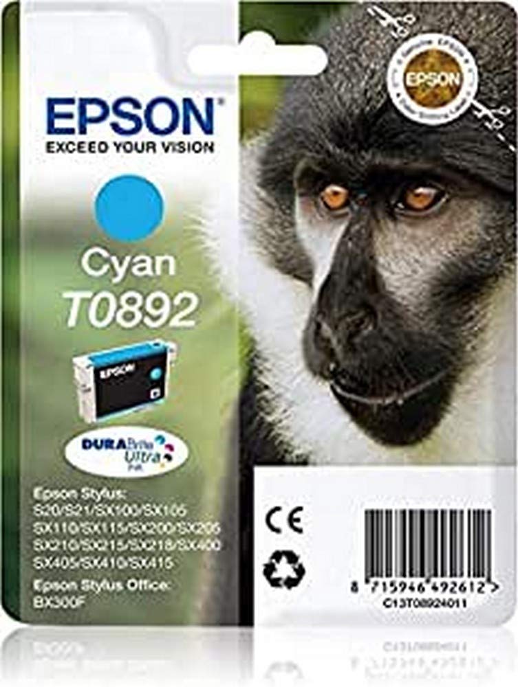 Epson Monkey Singlepack Cyan T0892 DURABrite Ultra Ink Cartridge for Printers (Original, Cyan, Inkjet Printing, 142 mm, 112 mm, 30 mm