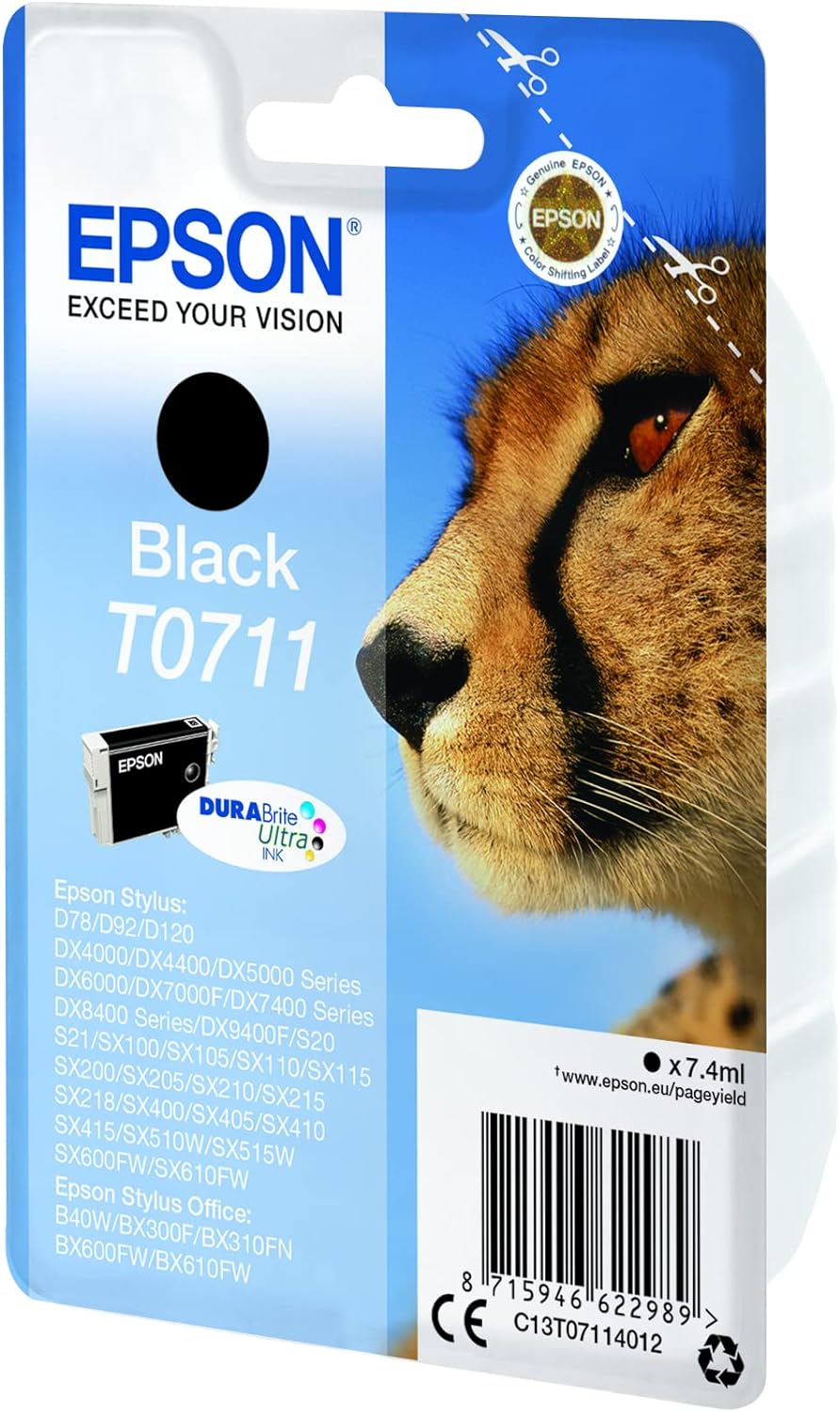 Epson T0711 Guépard Noir, Cartouche d'encre d'origine, D78 D120 DX4000 DX5000 DX6000 DX7400 DX8400 & T0712 Guépard Cyan, Cartouche d'encre d'origine, D78 D120 DX4000 DX5000 DX6000 DX7400