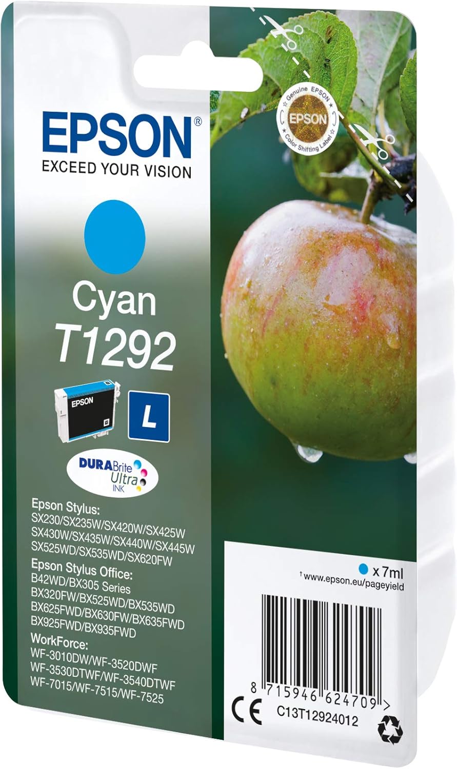 Epson T1292 Pomme Cyan, Cartouche d'encre d'origine, WF-3010DW WF-3520DWF WF-3530DTWF WF-3540DTWF WF-7015 WF-7515 WF-7525 BX305F BX310FN BX320FW BX525WD BX535WD BX625FWD BX635FWD BX925FWD BX935FWD