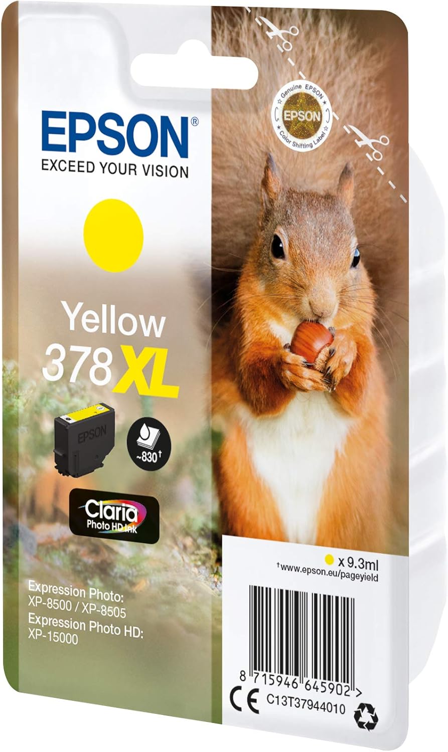 Epson 378XL 9.3ml 830páginas Amarillo cartucho de tinta - Cartucho de tinta para impresoras (Epson, Amarillo, Expression Photo XP-8500, XP-8505 Expression Photo HD XP-15000, 9,3 ml, 830 páginas