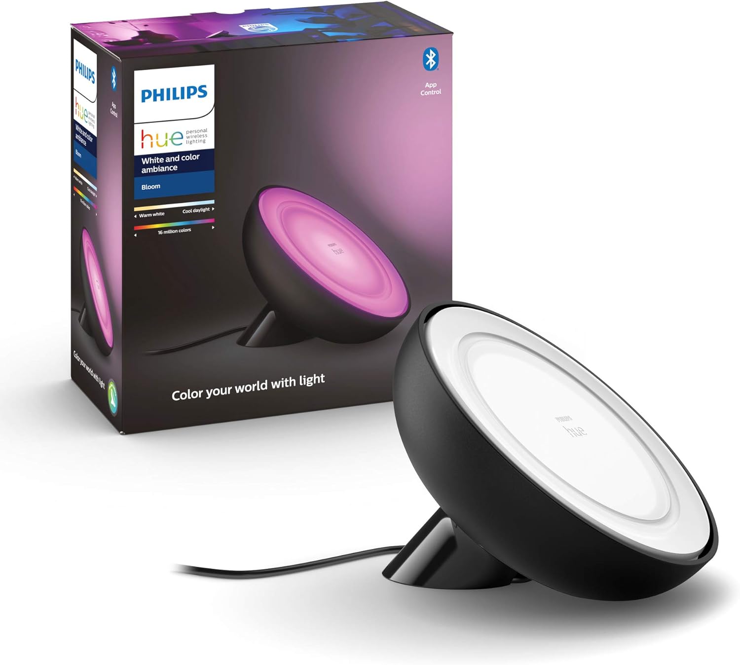 Philips Hue White and Colour Ambiance Bloom Smart LED Table Lamp Bundle, Includes Hue Dimmer Switch, with Bluetooth Compatible with Alexa and Google Assistant