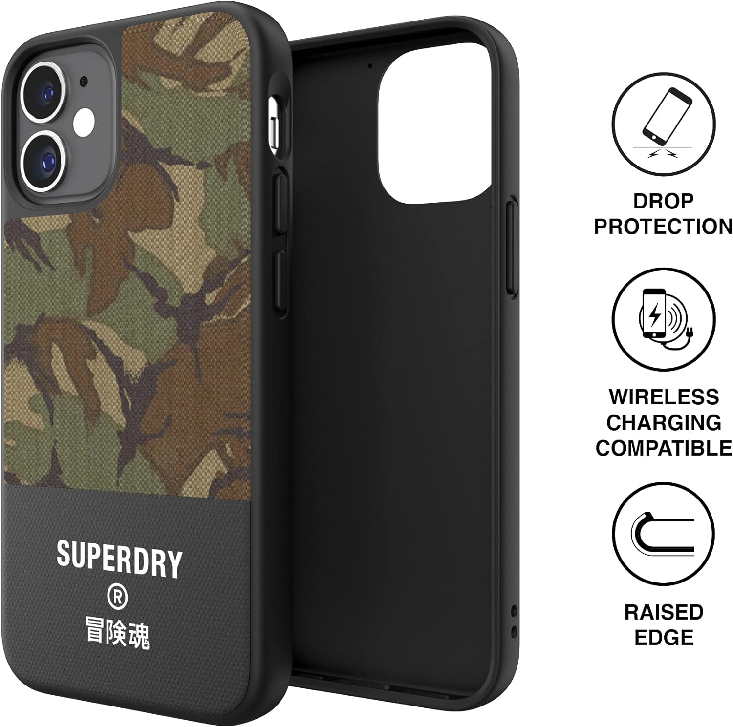 Superdry Custodia per cellulare compatibile con iPhone 12 Mini 5.4, custodia protettiva in tela stampata per iPhone 12 Mini 5.4, verde mimetico, 42587