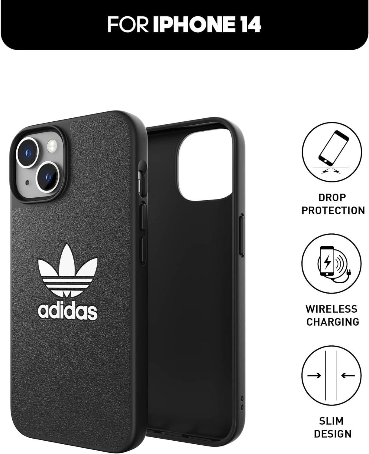 adidas Custodia progettata per iPhone 14 | Protezione antiurto | Compatibile con ricarica wireless | 6,1 pollici nero e bianco trifoglio | Custodia protettiva originale