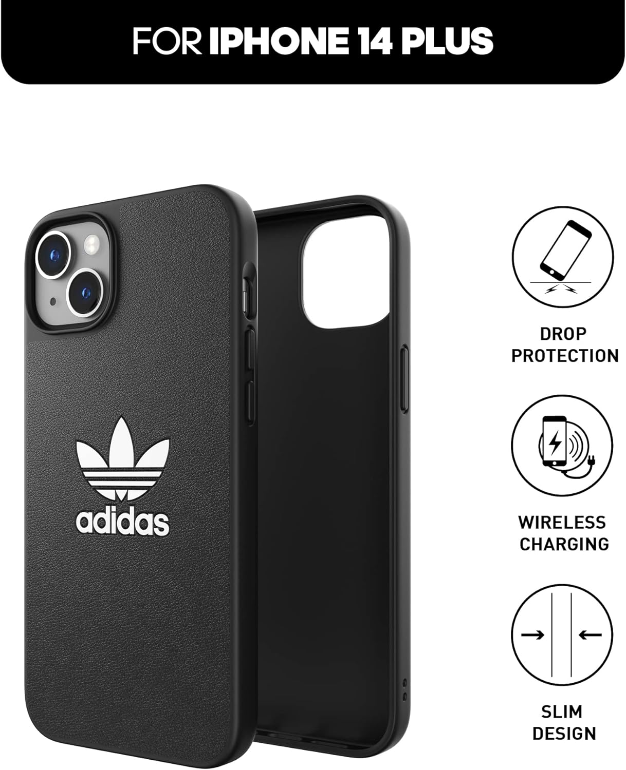adidas Case Designed for iPhone 14 Plus | Shockproof Drop Protection | Wireless Charging Compatible | 6.7 Inch Black and White Trefoil Design | Protective Originals Mobile Phone Cover