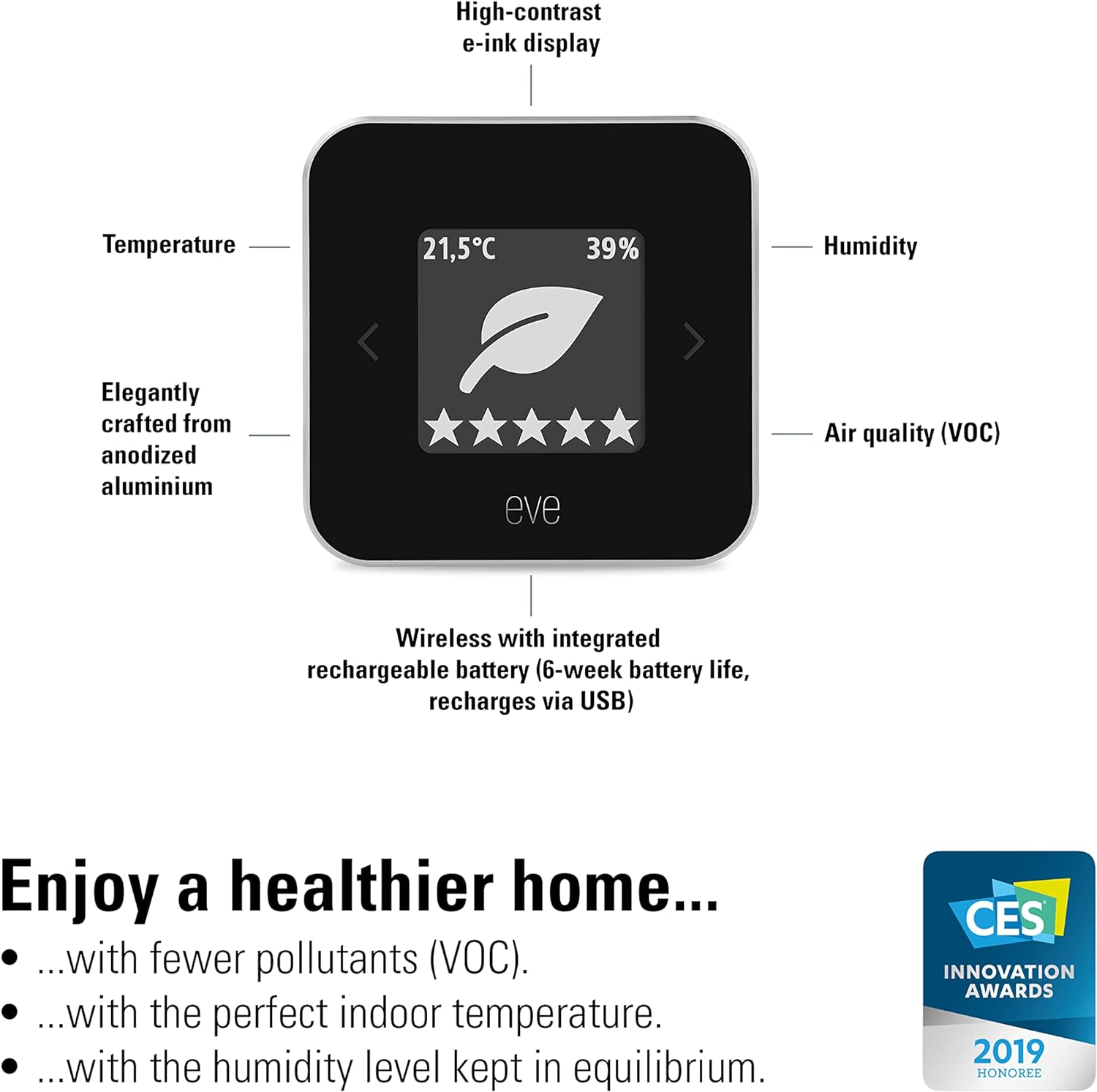 Eve Room - Indoor air quality sensor to monitor air quality (VOC), temperature & humidity, Apple HomeKit technology, Bluetooth, Thread