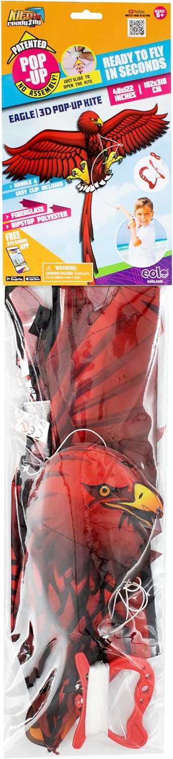 Eolo Kites Ready 2 Fly Kids’ 3D Pop-Up Kite, Red Dragon, Wingspan, Patented System, Assembles in Seconds, High Quality & Performance, Ripstop Construction, Sturdy Fiberglass Frame 3d Eagle