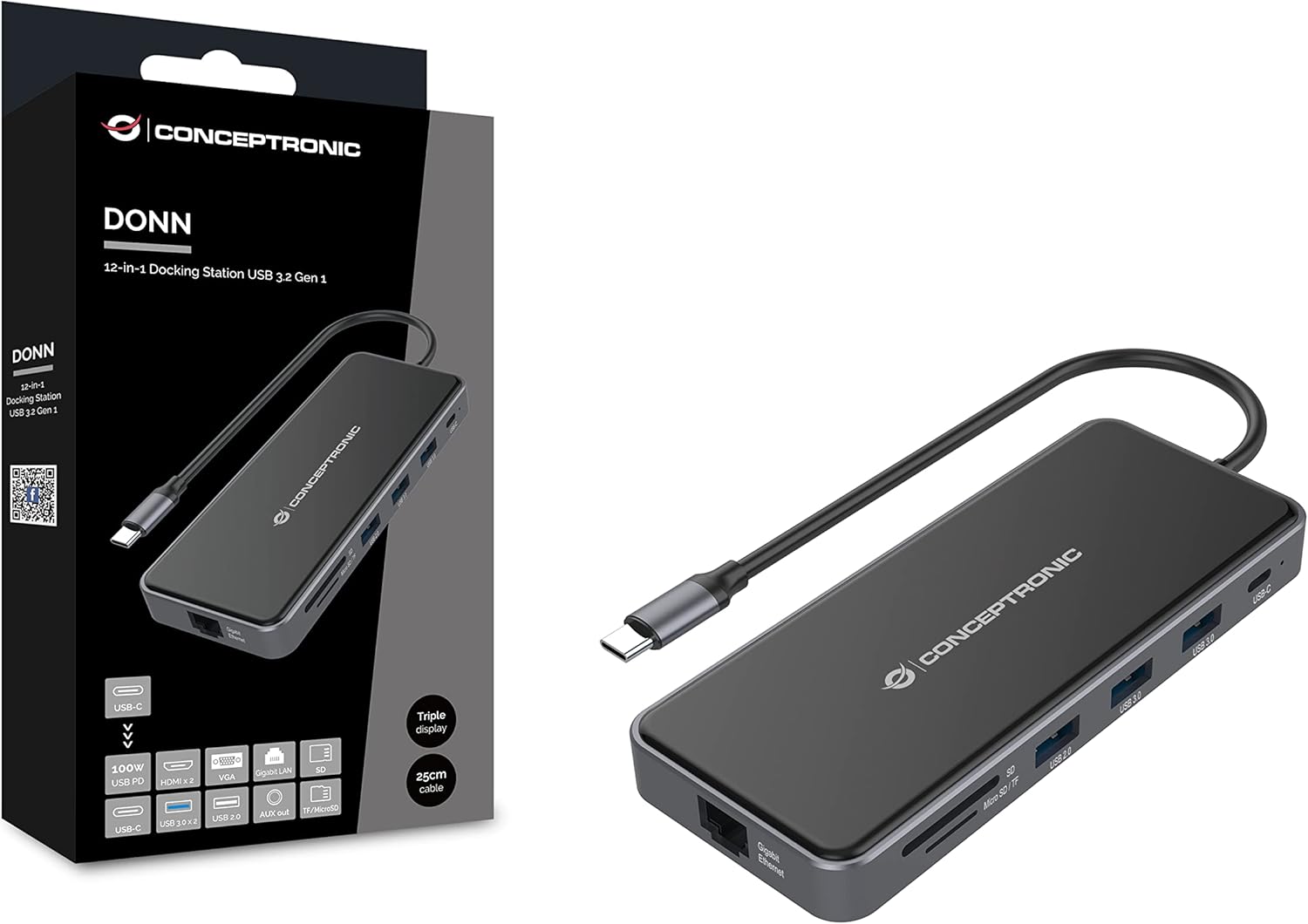 Conceptronic DONN15G 12-in-1 USB 3.2 Gen 1 Docking Station, MST for Windows, HDMI x 2, VGA, USB-C Data, USB-A 3.0 x 2, USB-A 2.0, SD, TF/MicroSD, Audio, Gigabit Ethernet LAN, 100W USB PD