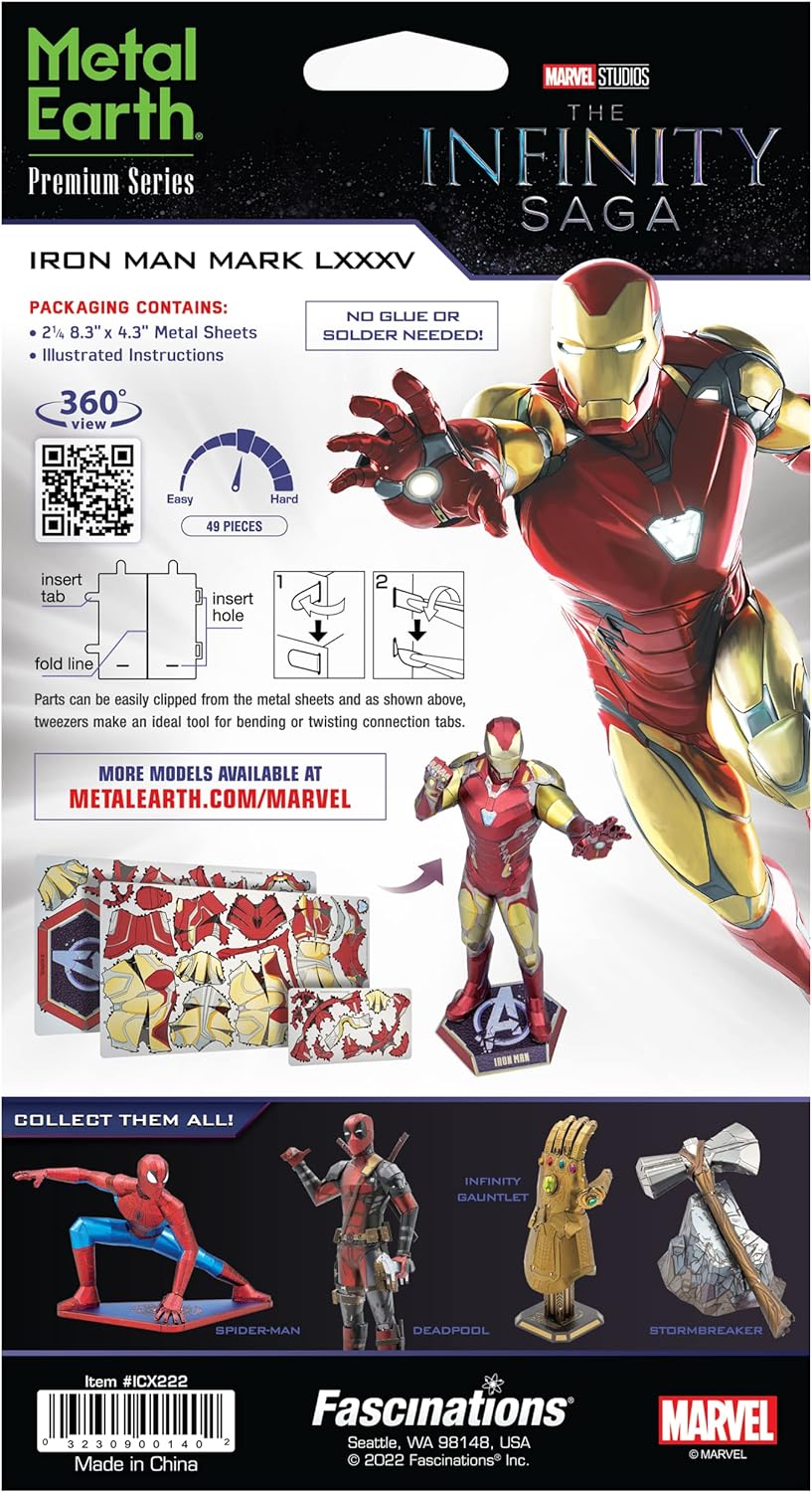 Fascinations ICX222 Metal Earth Metallbausätze - Marvel Avengers Iron Man Mark LXXXV, lasergeschnittener 3D-Konstruktionsbausatz, 3D Metall Puzzle, DIY Modellbausatz, 2.25 Metallplatinen, ab 14 Jahre