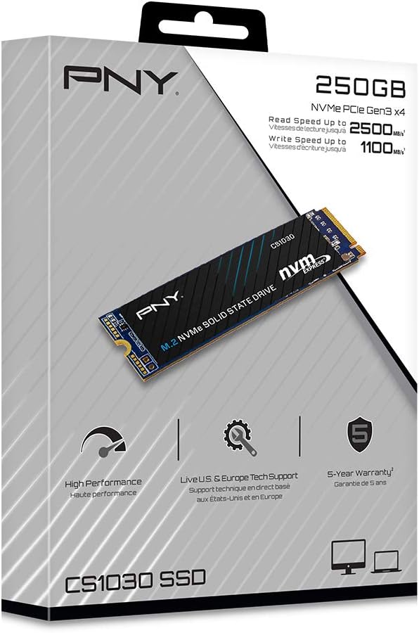 PNY CS1030 250GB M.2 NVMe PCIe Gen3 x4, 2500MB/s Read Speed, 1100MB/s Write Speed Internal Solid State Drive (SSD)