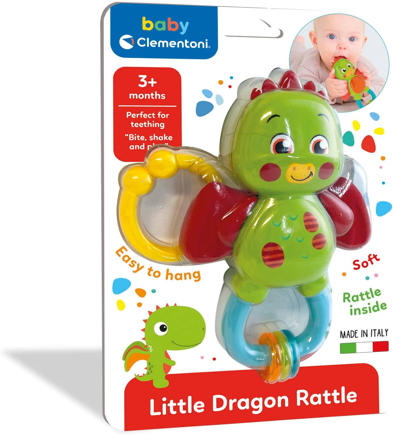 Clementoni- Little Dragon Rattle-Sonaglio Neonato con Massaggiagengive, Giocattolo Bambini 3 Mesi, Rafforza Le capacità Motorie E Sensoriali-Made in Italy, Colore Multilingua, 17779