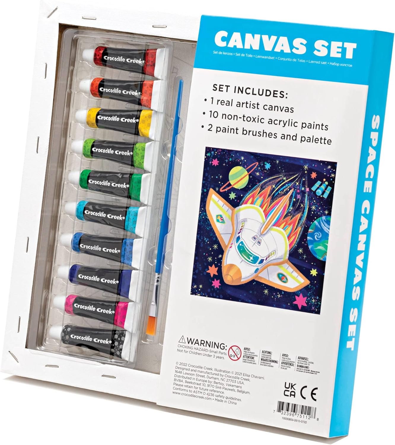 Crocodile Creek Space Canvas Painting Set for Kids Ages 6 Years and Up - Acrylic Painting Kit includes 10 Non-Toxic Acrylic Paints, 2 Paint Brushes, 1 Palette and 1 Canvas