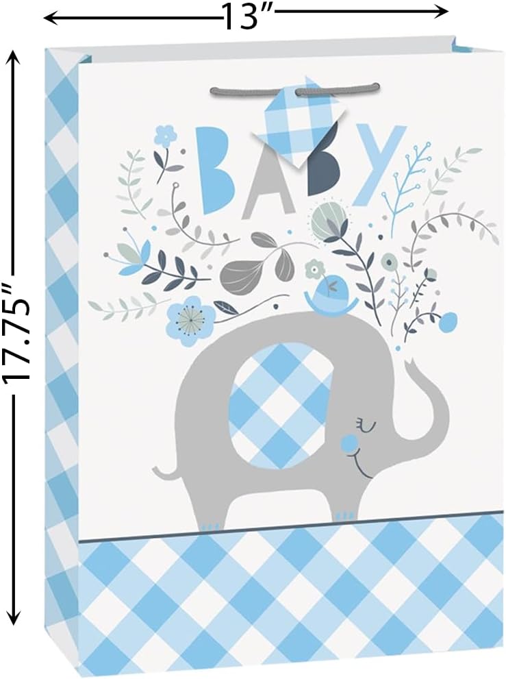 Elegant Blue Floral Elephant Jumbo Gift Bag (33cm x 45cm) - Beautiful, Unique & Stylish Design - Perfect for Special Occasions, Birthdays, Baby Showers - 1 Pc