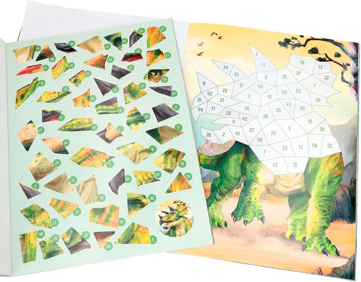 Depesche 12487 Dino World Number Sticker - Stickerboek met 16 pagina's voor het maken van dino-motieven op nummers, inclusief 8 stickervellen