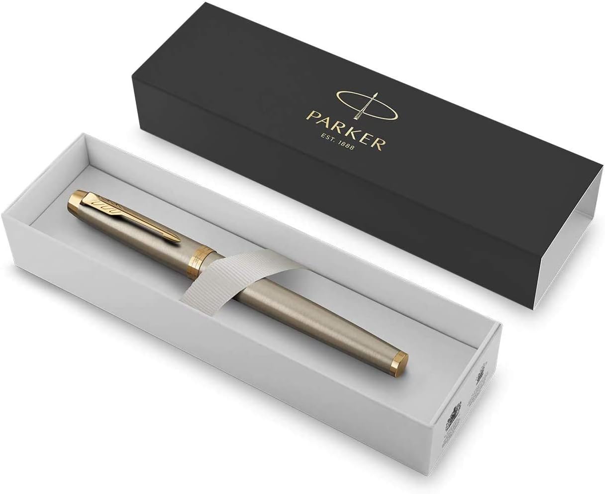 PARKER IM Fountain Pen, Brushed Metal, Medium Nib with Blue Ink Refill, Gift Box (1931656