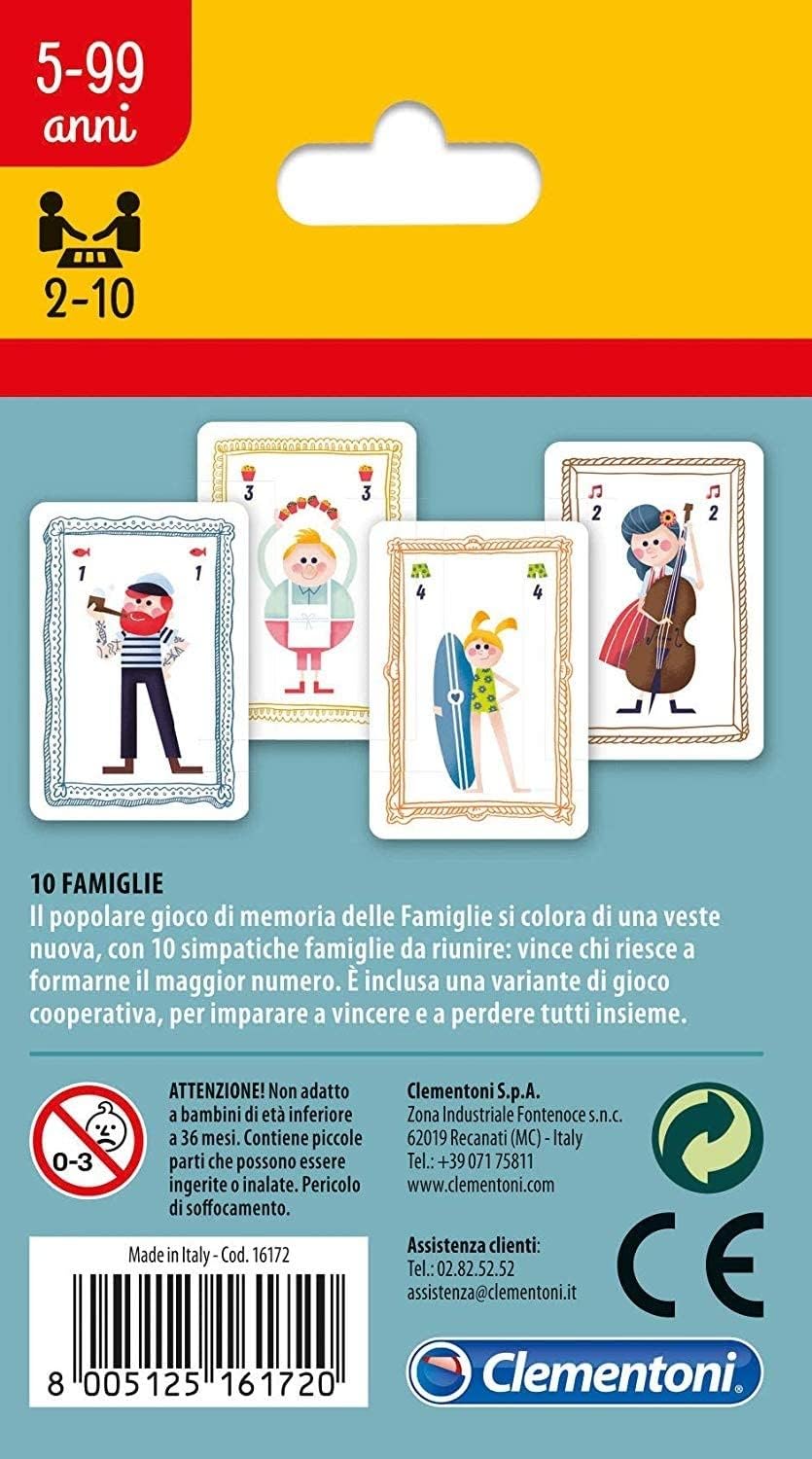 Clementoni - 10 Famiglie, Mazzo di 50 Carte Illustrate con 10 Famiglie da Riunire, Gioco Memory per Bambini 5+ Anni e Tutta la Famiglia, 2-10 Giocatori, Made in Italy, Lingua Italiana, 16172