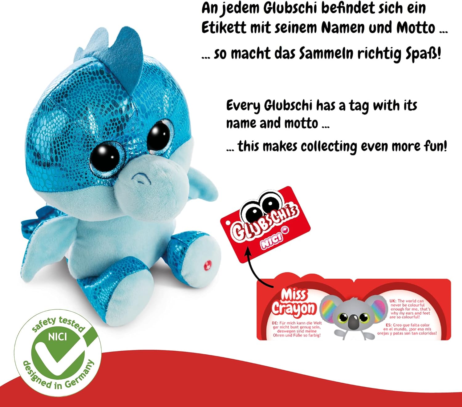 Nici 46932 Original-Glubschis Cuddly Dragon Jet 15 cm-Fluffy Soft Toys with Big Glittery Eyes-Plush Stuffed Animal for Cuddling & Playing, Blue, Bleu 15 cm Bleu
