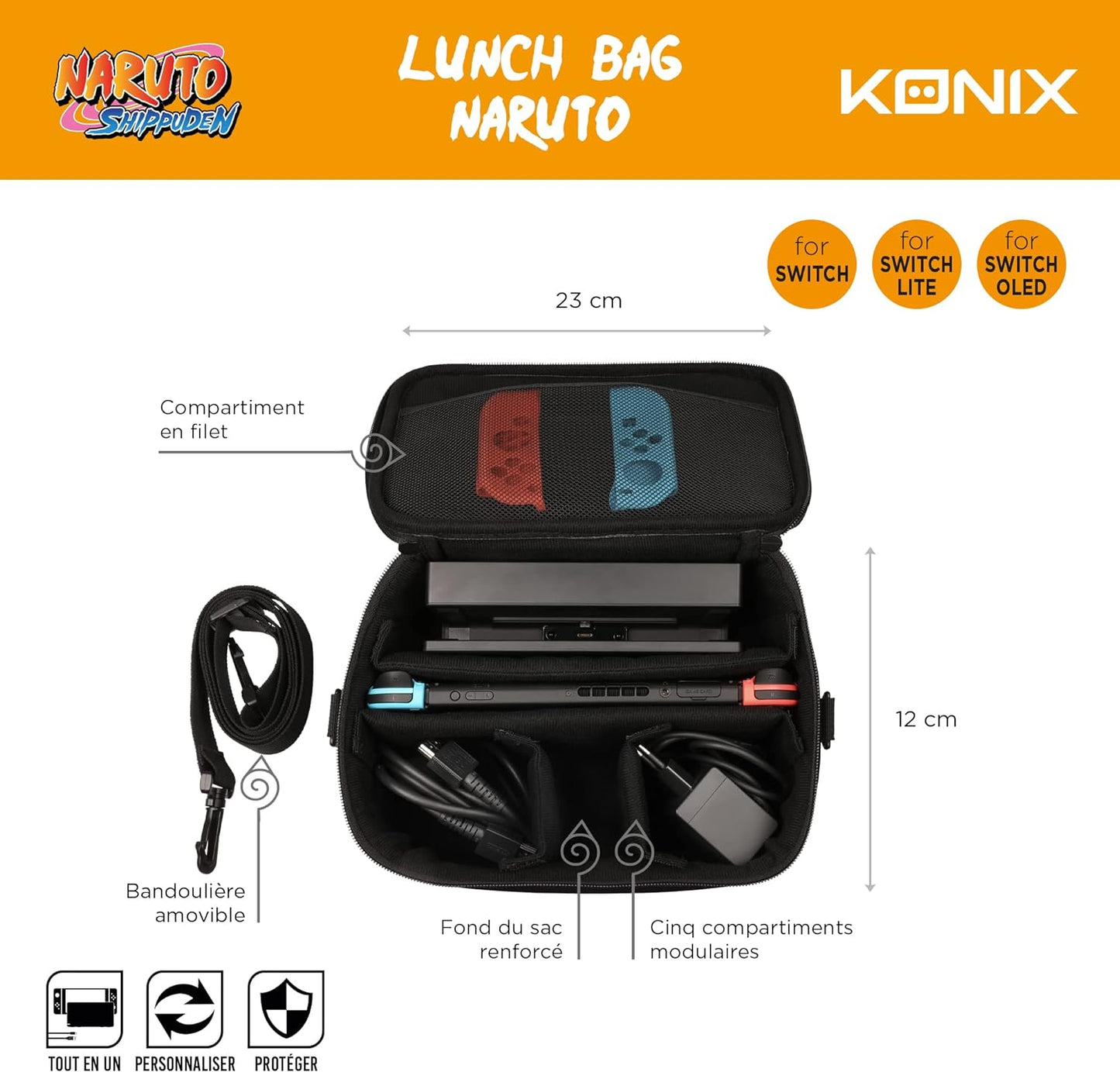 Konix Naruto Shippuden Bolsa de protección y Transporte Lunch Bag para Nintendo Switch, Switch Lite y Switch OLED - Diseño de Naruto y Sasuke