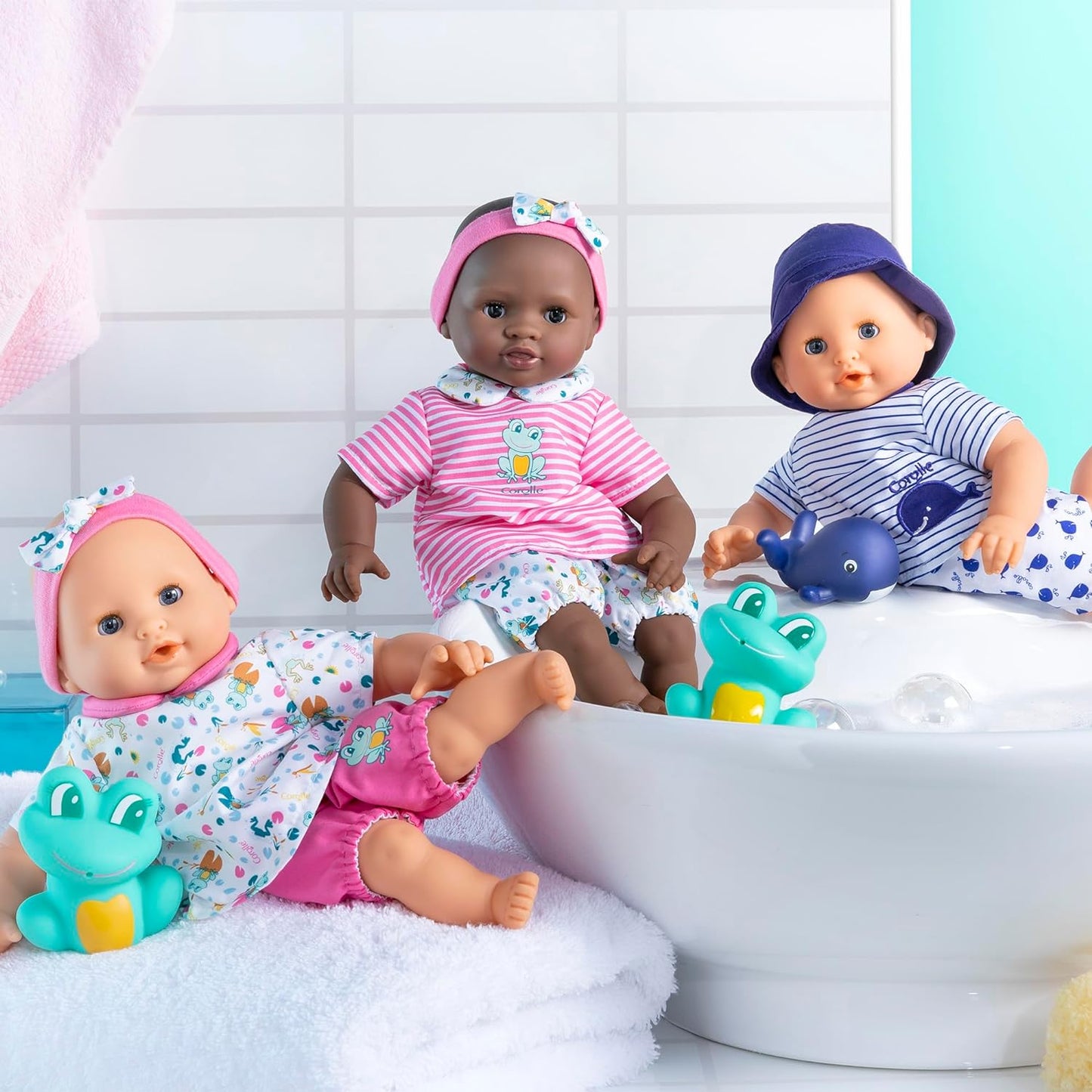 Corolle First Baby Doll, Baby Bain, 9000100660 Bath Baby Alyzée, Soft Body Bath Doll with Bath Animal, Sleeping Eyes, Vanilla Fragrance, Removable Clothes, 30 cm, from 18 Months