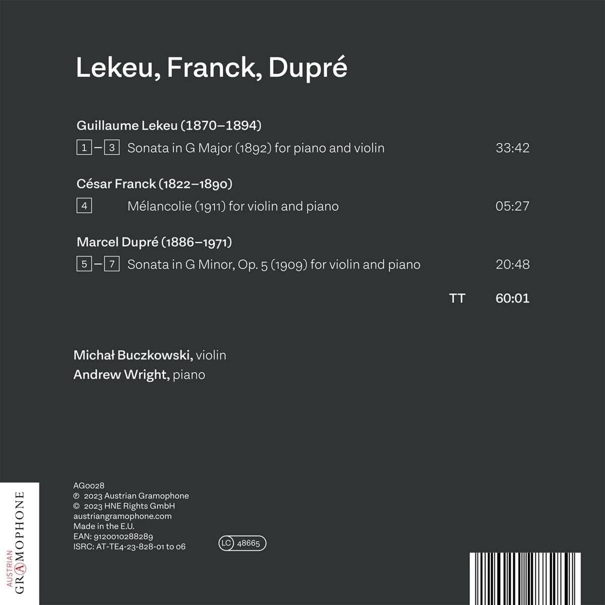 Lekeu/Franck/Dupré: Works for Violin and Piano