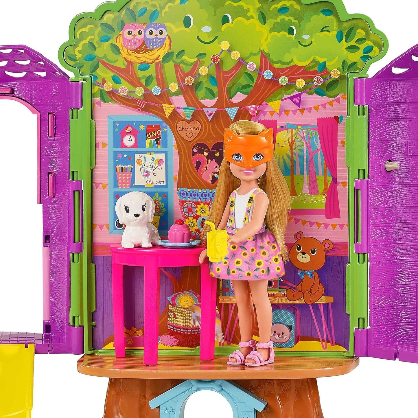 Chelsea Barbie Doll and Treehouse Playset with Pet Puppy, Dollhouse Includes Furniture and Slide, 10+ Accessories, HPL70