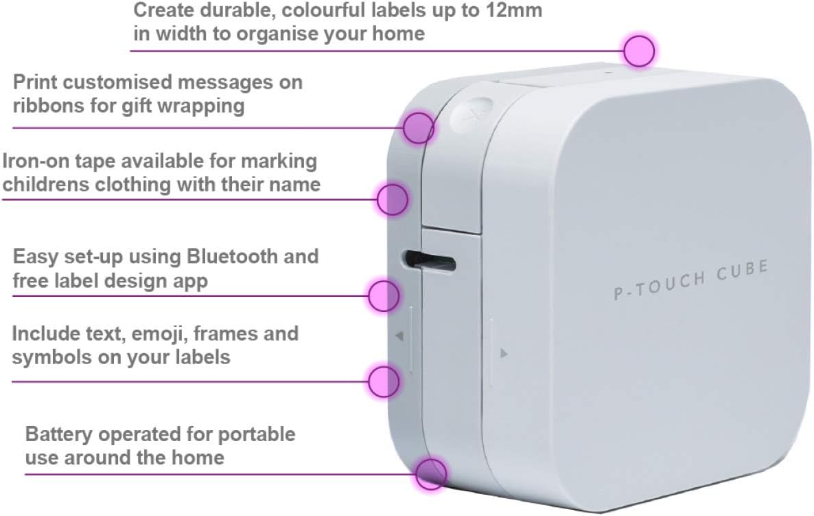 BROTHER PT-P300BT Label Maker, Bluetooth, P-Touch 'CUBE' Label Printer, Portable, Up to 12mm Labels, Includes 12mm Black on White Tape Cassette